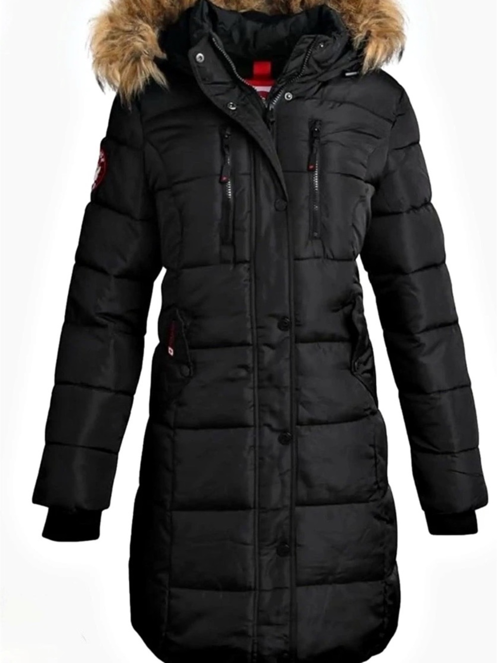 Canada Weather Gear Long Faux Fur Hooded Bubble Jacket in Black & Brown